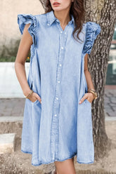 Ruffled Button Front Cap Sleeve Denim Dress Light Blue OutfitFlow