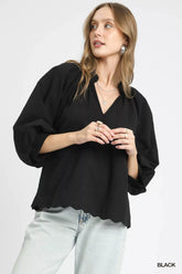 Umgee Full Size Textured Notched Balloon Sleeve Blouse Plus Size Black OutfitFlow