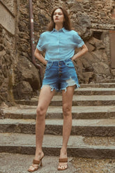 Kancan Distressed Button-Fly High Waist Denim Shorts Dark OutfitFlow