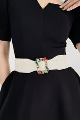 Multicolored Leaf Buckle Elastic Belt Ivory One Size OutfitFlow