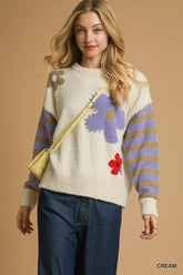 Umgee Flower Jacquard Striped Long Sleeve Sweater Cream OutfitFlow