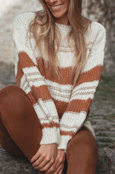 Striped Round Neck Dropped Shoulder Sweater Camel OutfitFlow