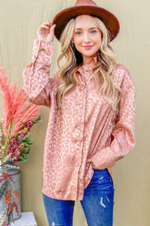 And The Why Satin Leopard Button Up Curved Hem Shirt Rosegold OutfitFlow