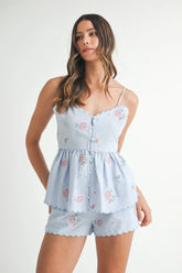 MABLE Stripe Embroidered Peplum Cami and Shorts Set Blue OutfitFlow