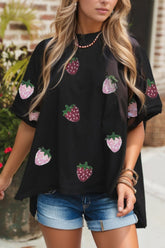 Sequin Strawberry High Low Half Sleeve Relaxed Fit T-Shirt Black OutfitFlow