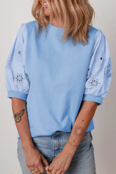 Eyelet Flower Embroidered Puff Short Sleeve Patchwork Crew Neck Blouse Light Blue OutfitFlow