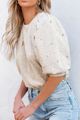 Rhinestone Pearl Detail Round Neck Puff Sleeve Top Light Gray OutfitFlow