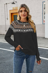 Round Neck Raglan Sleeve Sweater Black OutfitFlow