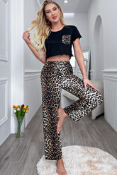 Lettuce Trim Cropped T-Shirt and Leopard Pants Lounge Set Leopard OutfitFlow