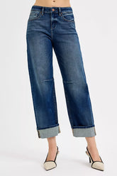 RISEN Slouchy Crop Barrel Cuffed Jeans DARK OutfitFlow
