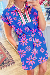 Floral Print Zip Collar Drawstring Summer Mini Dress Blue OutfitFlow