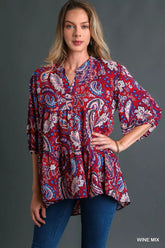 Umgee Mix Paisley Boho Tunic Blouse WINE MIX OutfitFlow