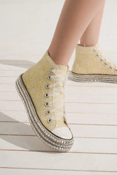 Beast Fashion Glitter Lace-Up Studded Platform Sneakers White OutfitFlow