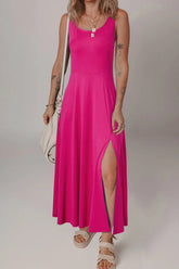 Side Slit Scoop Neck Wide Strap Dress Hot Pink OutfitFlow