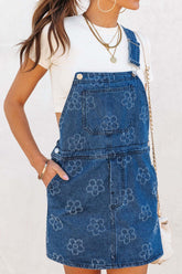 Flower Print Square Neck Denim Overall Dress Medium OutfitFlow