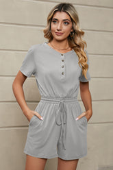 Drawstring Half Button Short Sleeve Romper Light Gray OutfitFlow