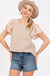 Ces Femme Round Neck Floral Short Sleeve Top Tan OutfitFlow