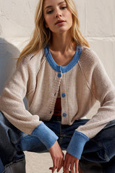 Double Take Contrast Button Up Long Sleeve Cardigan Dust Storm OutfitFlow