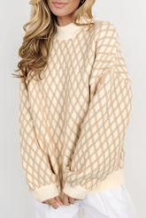 Diamond Pattern Mock Neck Long Sleeve Sweater Cream OutfitFlow