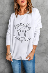 Ghost Graphic Long Sleeve Dropped Shoulder Sweatshirt White OutfitFlow