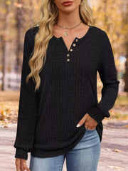 Ribbed Knit Button-Front Long Sleeve T-Shirt Black OutfitFlow