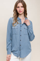 Love Tree Scooped Hem Button Up Denim Shirt Blue OutfitFlow