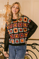 BiBi Granny Square Front Long Sleeve Top Black Multi OutfitFlow