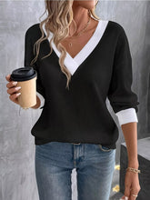 Plus Size V-Neck Long Sleeve Waffle Knit T-Shirt Black OutfitFlow