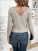 Lace Detail V-Neck Long Sleeve T-Shirt Dust Storm OutfitFlow
