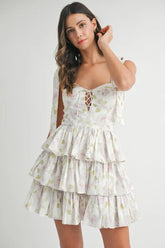 MABLE Floral Print Shoulder Tie Layered Mini Dress Off White OutfitFlow