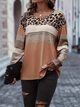 Plus Size Leopard Print Color Block Long Sleeve T-Shirt Camel OutfitFlow