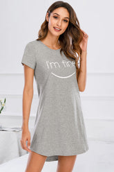 Graphic Round Neck Short Sleeve Lounge Dress Gray OutfitFlow