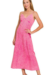 Zenana Tencel Mineral Washed Maxi Dress HOT PINK OutfitFlow