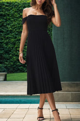 Perfee Pleated Off-Shoulder Midi Dress Black OutfitFlow
