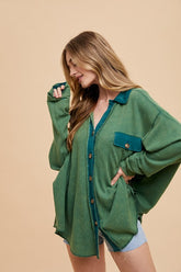 Annie Wear Waffle-Knit Mineral Washed Button Down Shirt Dark Green OutfitFlow
