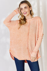 Zenana Oversized Washed Waffle Long Sleeve Top Light Orange OutfitFlow