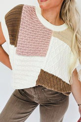Cable-Knit Color Block Round Neck Sweater Vest Dusty Pink OutfitFlow