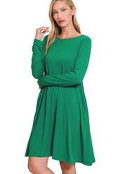 Zenana Long Sleeve Flare Dress With Pockets FOREST OutfitFlow