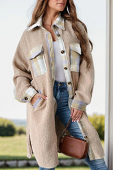 Slit Plaid Button Down Long Sleeve Coat Tan OutfitFlow