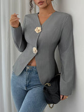 Flower Button Long Sleeve Blazer Dark Gray OutfitFlow