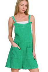 Zenana Woven Double Gauze Acid Washed Romper K GREEN OutfitFlow
