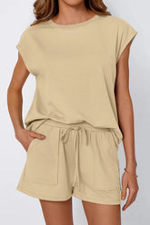 Round Neck Cap Sleeve Top and Shorts Set Khaki OutfitFlow