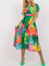 Printed Pleated Midi Wrap Dress with Belt Green OutfitFlow