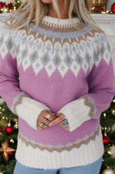 Geometric Round Neck Long Sleeve Sweater Pink Purple OutfitFlow
