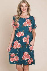 BOMBOM Floral Round Neck Short Tee Dress with Pockets French Blue OutfitFlow