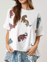 Sequin Tiger Round Neck T-Shirt White OutfitFlow