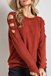 Cutout Round Neck Long Sleeve Top Rust OutfitFlow