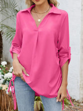 Drawstring Johnny Collared Three-Quarter Sleeve Top Hot Pink OutfitFlow