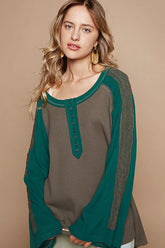 POL Scoop Neck Contrast Long Sleeve Top with Lace Detail CHARCOAL OutfitFlow