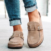 Round Toe Low Heel Buckle Loafers Khaki OutfitFlow